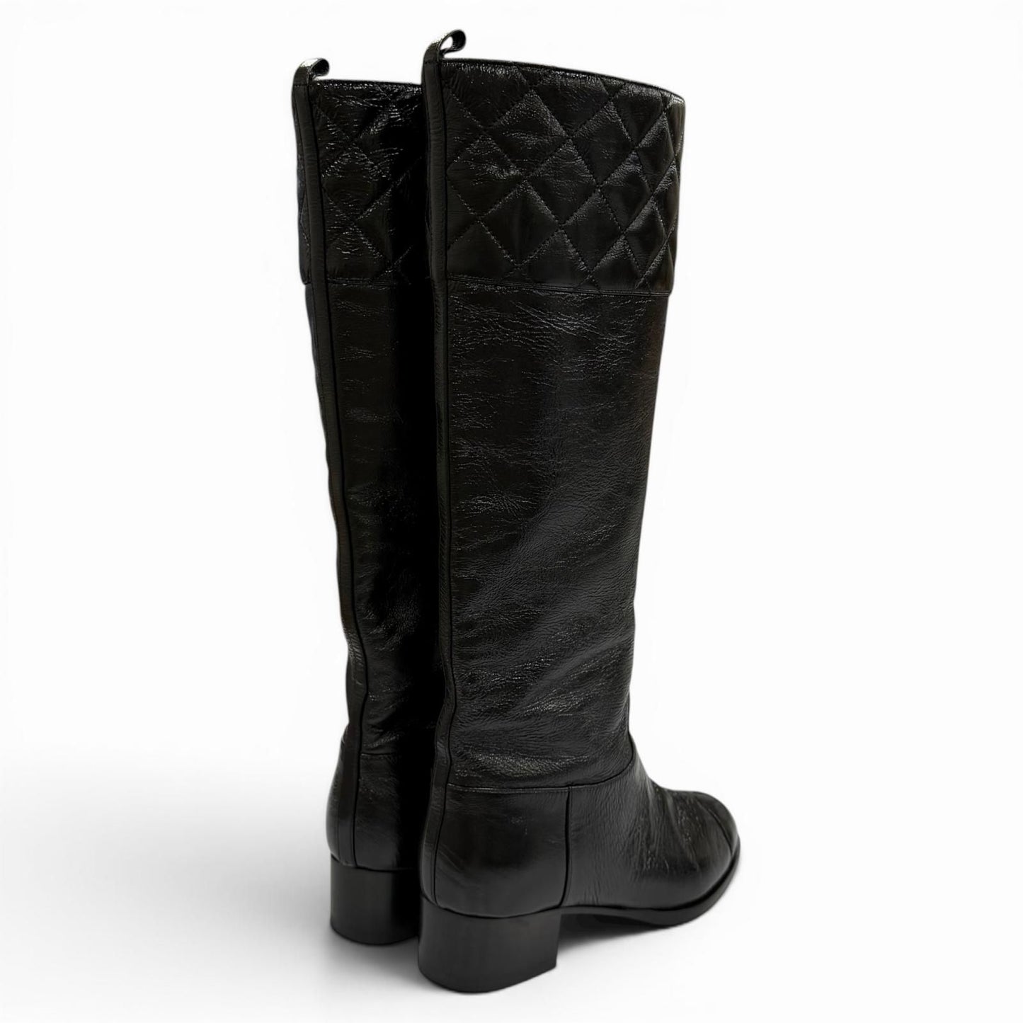 Chanel CC Logo Quilted Chanki Heels Leather Long Boots Black — view 2