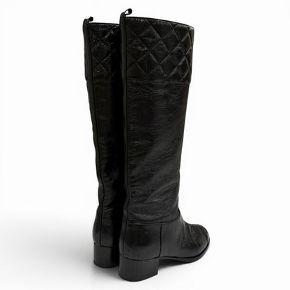 Chanel CC Logo Quilted Chanki Heels Leather Long Boots Black — view 2
