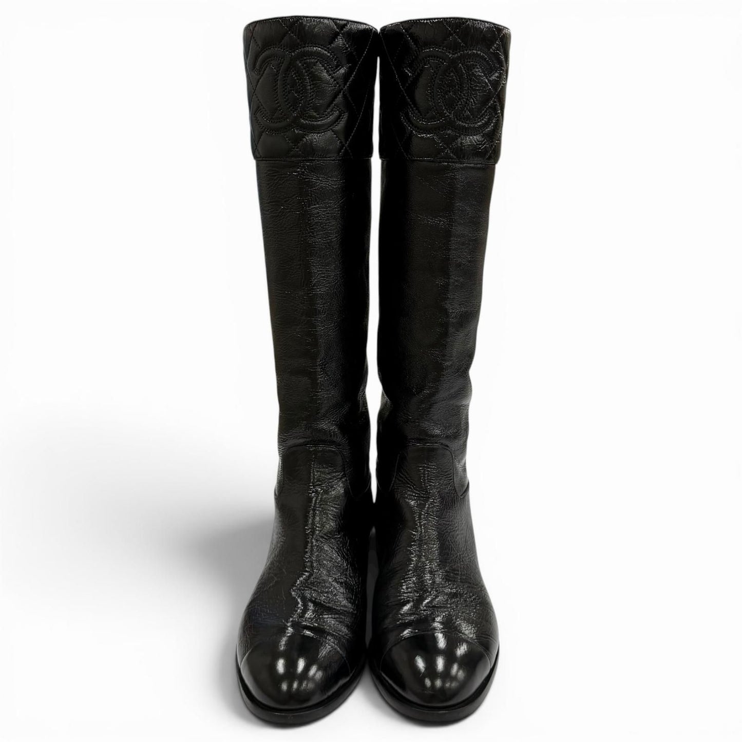 Chanel CC Logo Quilted Chanki Heels Leather Long Boots Black — view 3
