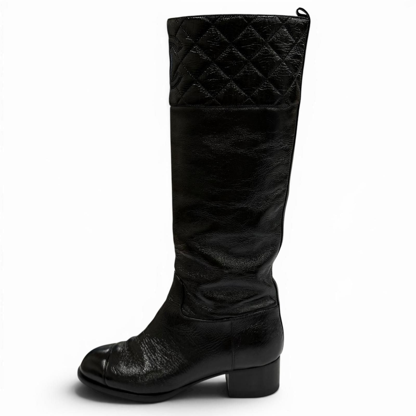 Chanel CC Logo Quilted Chanki Heels Leather Long Boots Black — view 4