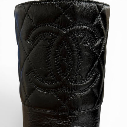 Chanel CC Logo Quilted Chanki Heels Leather Long Boots Black — view 8