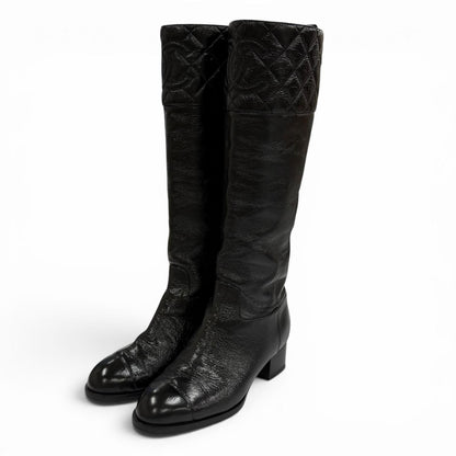 Chanel CC Logo Quilted Chanki Heels Leather Long Boots Black