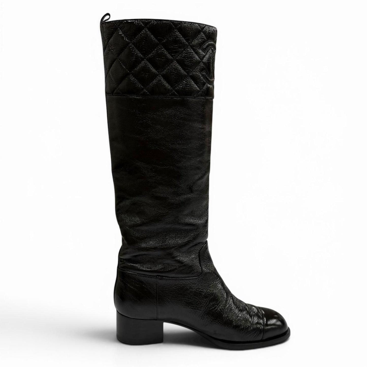 Chanel CC Logo Quilted Chanki Heels Leather Long Boots Black — view 5