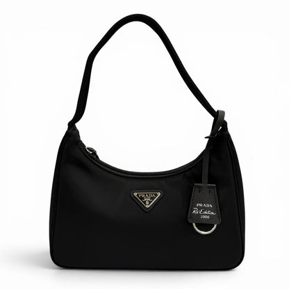 Prada Re Edition Re-Nylon Mini Bag With Triangular Plate Charm Black
