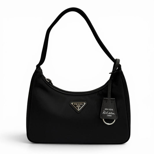 Prada Re Edition Re-Nylon Mini Bag With Triangular Plate Charm Black