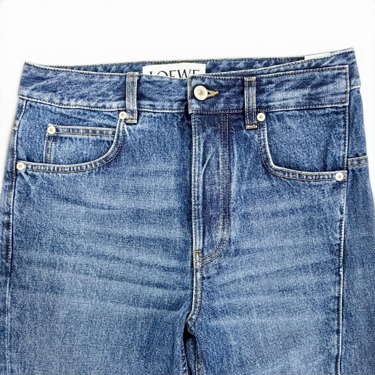Loewe Asymmetric JE Denim Logo Leather Patch Pants Indigo Blue 46 — view 3