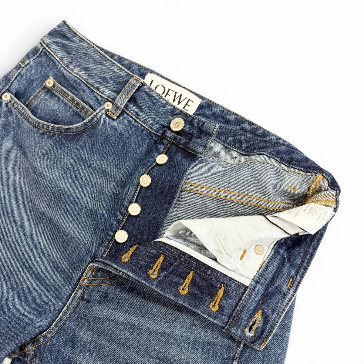 Loewe Asymmetric JE Denim Logo Leather Patch Pants Indigo Blue 46 — view 5