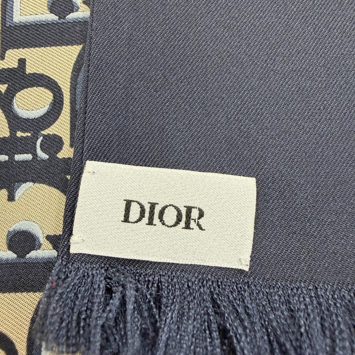Dior 100% Silk Oblique Trotter Pattern Fringe Shawl Navy Beige Scarf — view 6