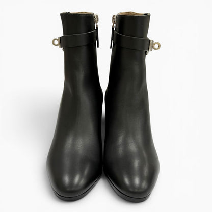 Hermes Saint Germain Silver Kelly Buckle Leather Short Boots Black — view 3