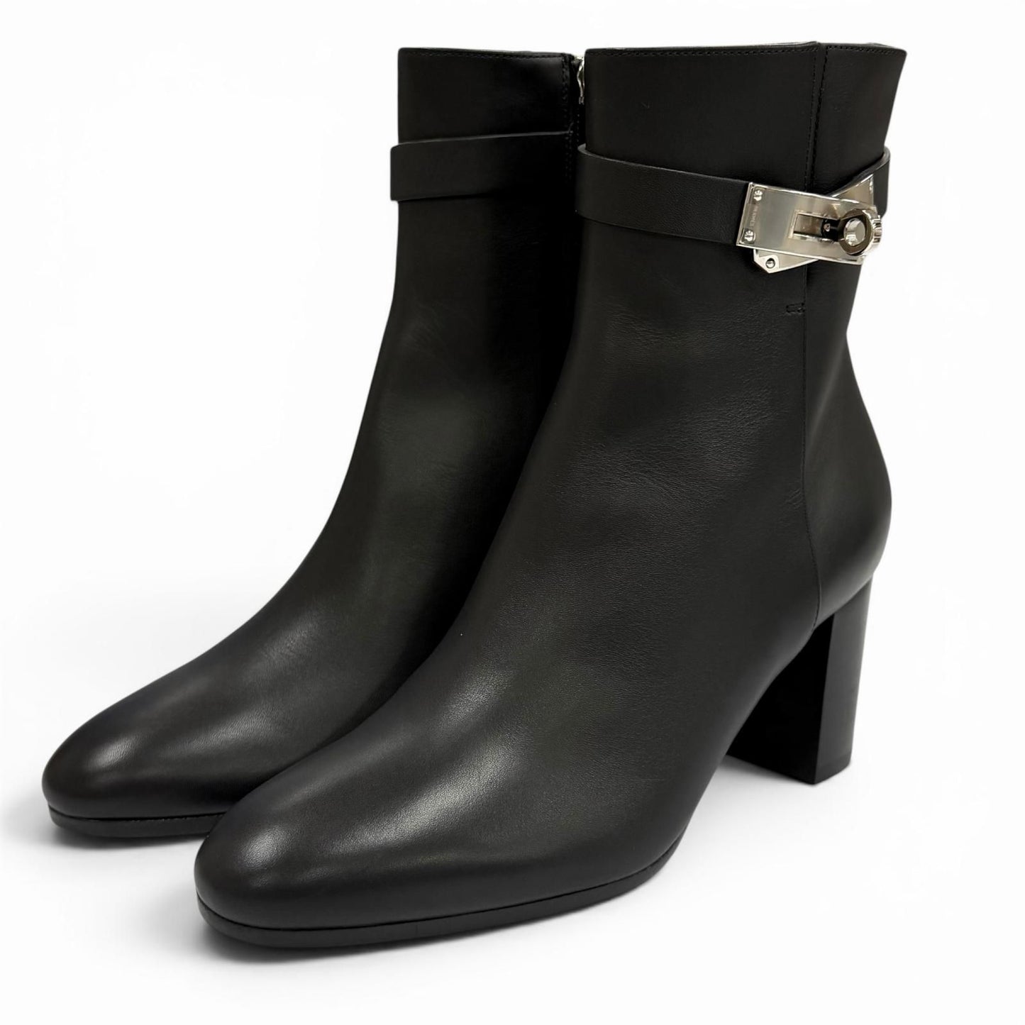 Hermes Saint Germain Silver Kelly Buckle Leather Short Boots Black
