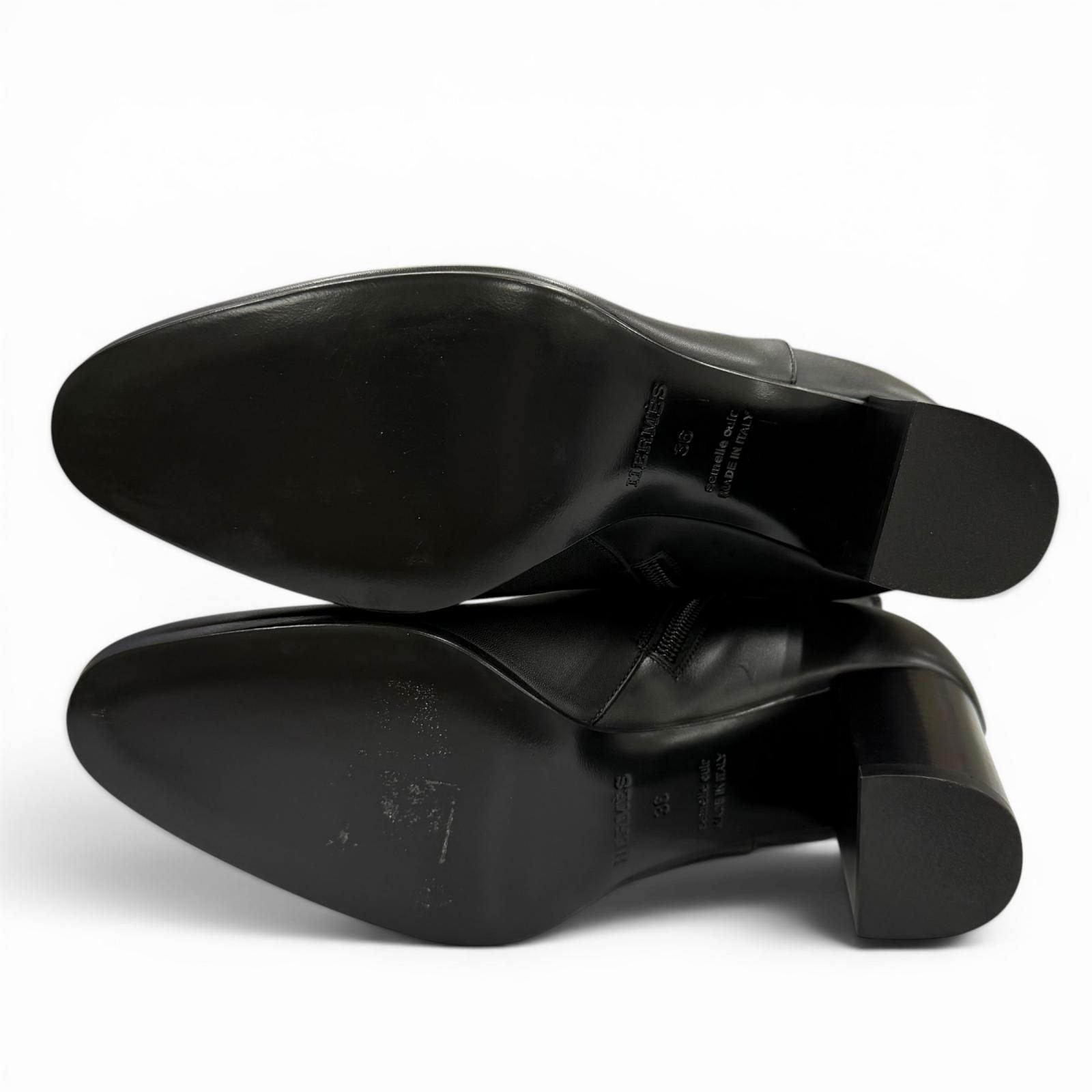 Hermes Saint Germain Silver Kelly Buckle Leather Short Boots Black — view 6