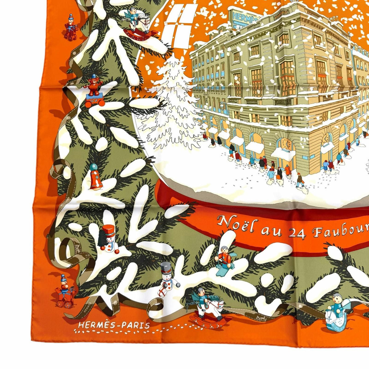 Hermes Carre 90 Noel Au 24 Faubourg Christmas At 100% Silk Potiron Vert Amande — view 6