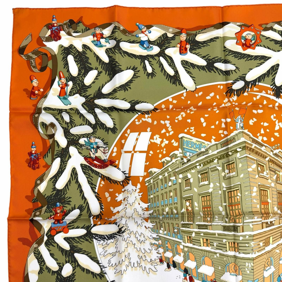 Hermes Carre 90 Noel Au 24 Faubourg Christmas At 100% Silk Potiron Vert Amande — view 3