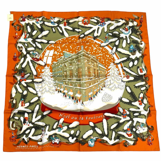 Hermes Carre 90 Noel Au 24 Faubourg Christmas At 100% Silk Potiron Vert Amande