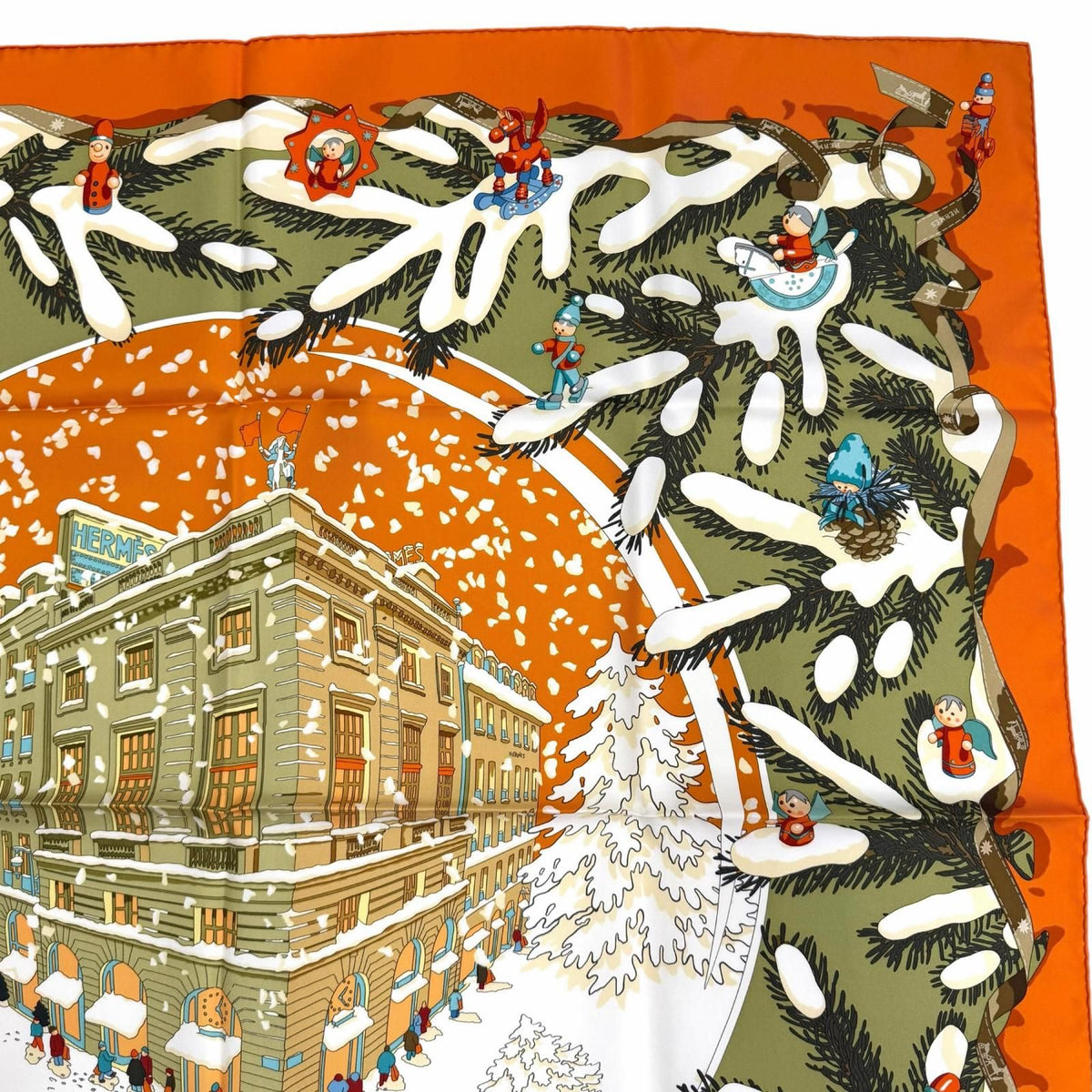 Hermes Carre 90 Noel Au 24 Faubourg Christmas At 100% Silk Potiron Vert Amande — view 4