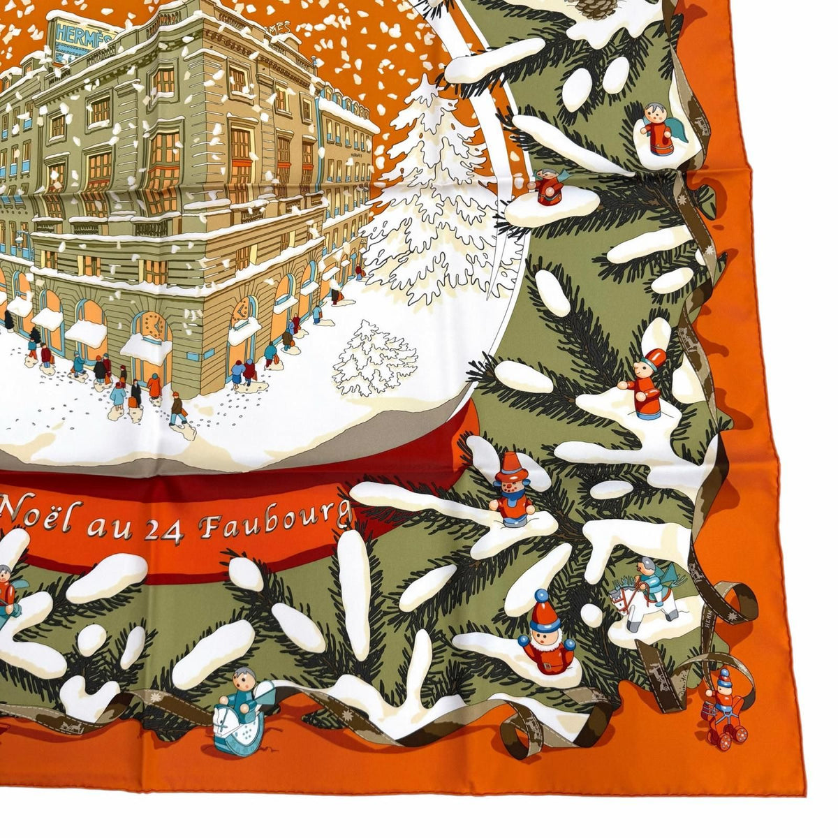 Hermes Carre 90 Noel Au 24 Faubourg Christmas At 100% Silk Potiron Vert Amande — view 5