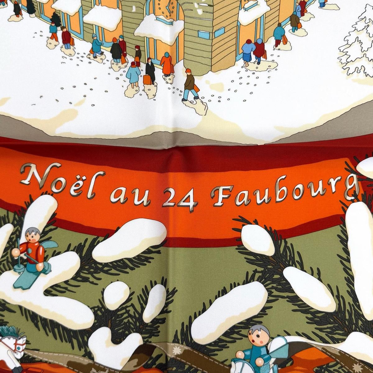 Hermes Carre 90 Noel Au 24 Faubourg Christmas At 100% Silk Potiron Vert Amande — view 7