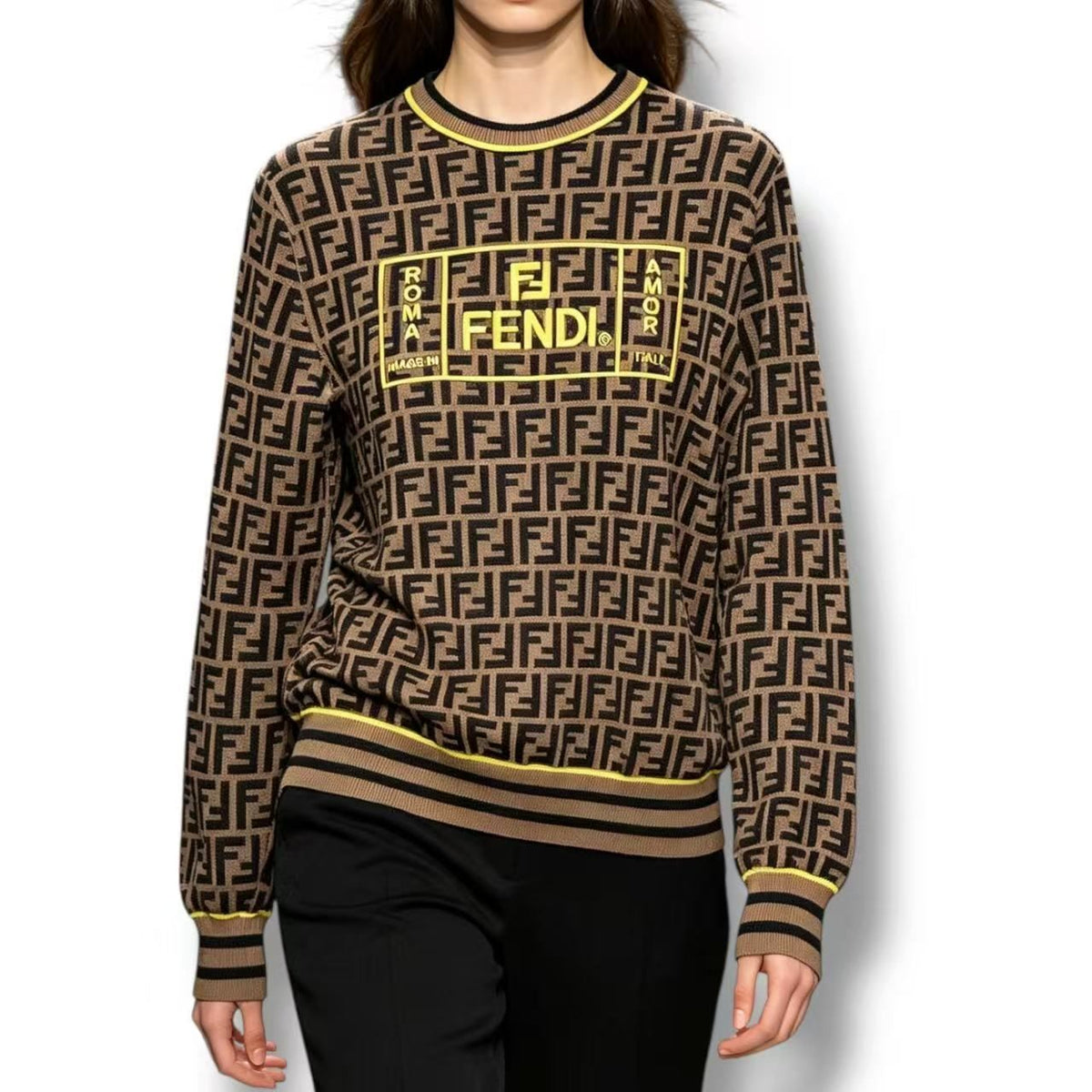 Fendi Sweater Knit Logo FF Zucca Pattern Brown 44