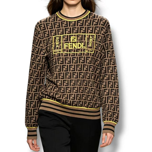 Fendi Sweater Knit Logo FF Zucca Pattern Brown 44