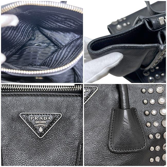 Prada 2-Way Black Nero Leather Glace Calfskin Studs 231 Shoulder Bag — view 5