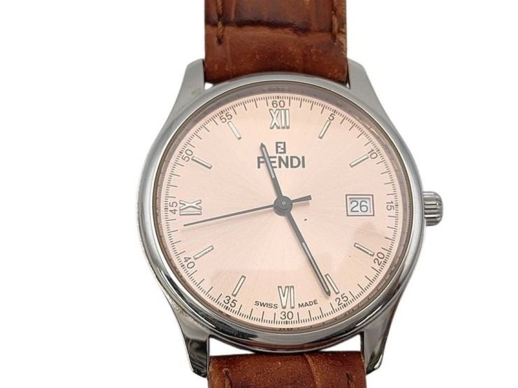 Fendi Watch Olologi Pink Dial Silver Brown Stainless Steel Leather