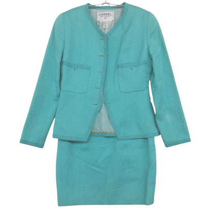 Chanel Suit Vintage All Over Print Jacquard Set Collarless Jacket Tight Skirt Light