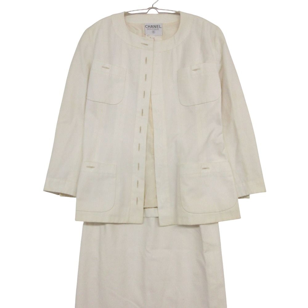 Chanel Suit Vintage Skirt Set Long Jacket CC Logo Lining Off White