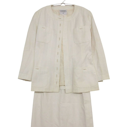 Chanel Suit Vintage Skirt Set Long Jacket CC Logo Lining Off White