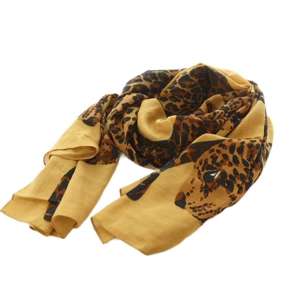 Saint Laurent Shawl Wool Silk Blend Animal Print Brown Scarf