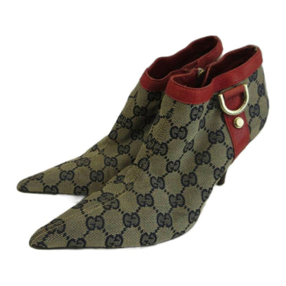 Gucci GG Canvas D Ring Ankle Boots Leather Pointed Toe High Heels All Over
