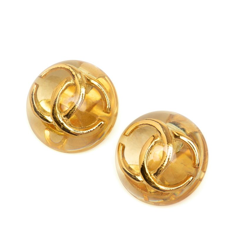 Chanel CC Logo Earrings Gold Clear Resin Plated