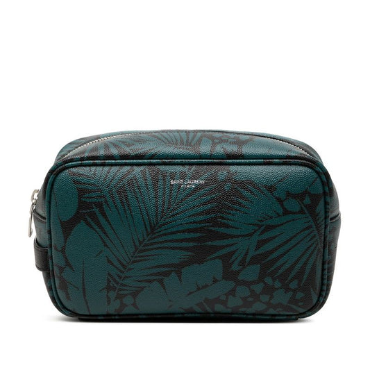 Saint Laurent Logo Botanical Palm Leaf Print Pouch Clutch Green Black Grained