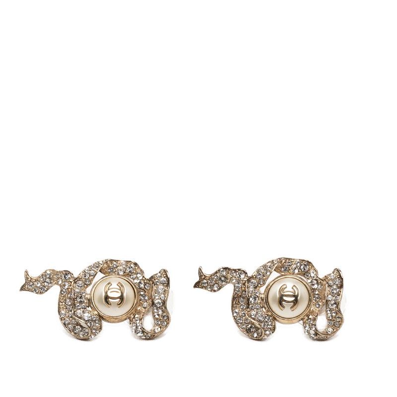 Chanel CC Logo Ribbon Motif Earrings Gold Plated Faux Pearl Rhinestone