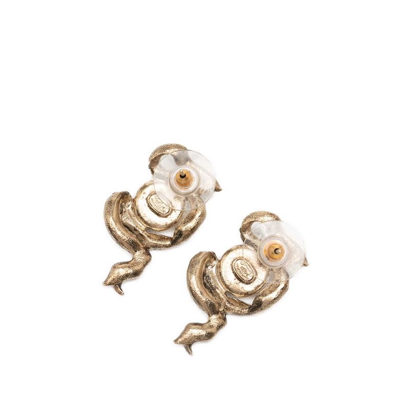 Chanel CC Logo Ribbon Motif Earrings Gold Plated Faux Pearl Rhinestone — view 2