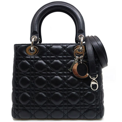 Dior Lady Dior Handbag 2-Way Leather Black Silver