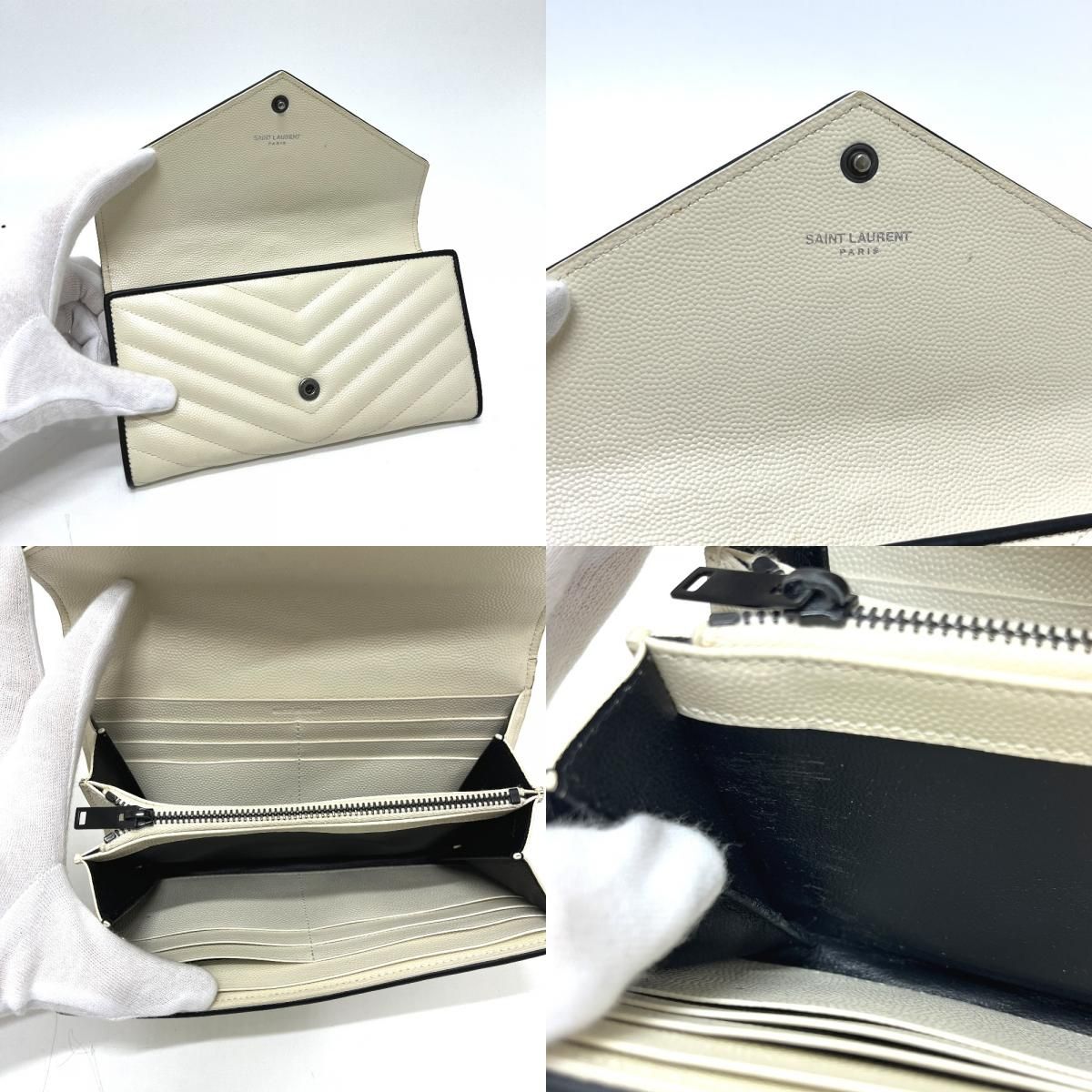 Saint Laurent Paris Wallet Cassandra Chevron Bicolor Leather White — view 7