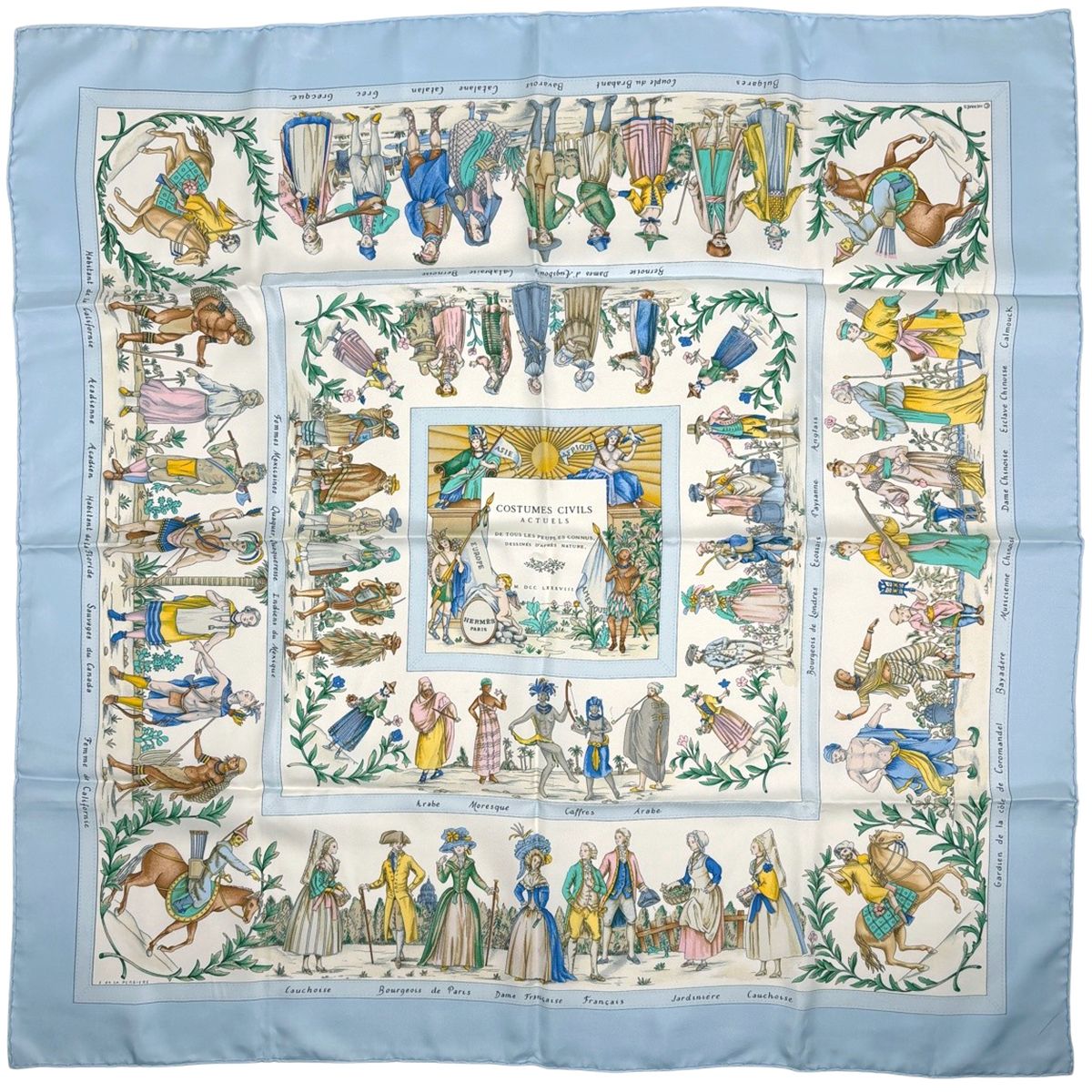 Hermes Carre 90 Costumes Civils Actuels Modern Citizen Scarf Silk Blue