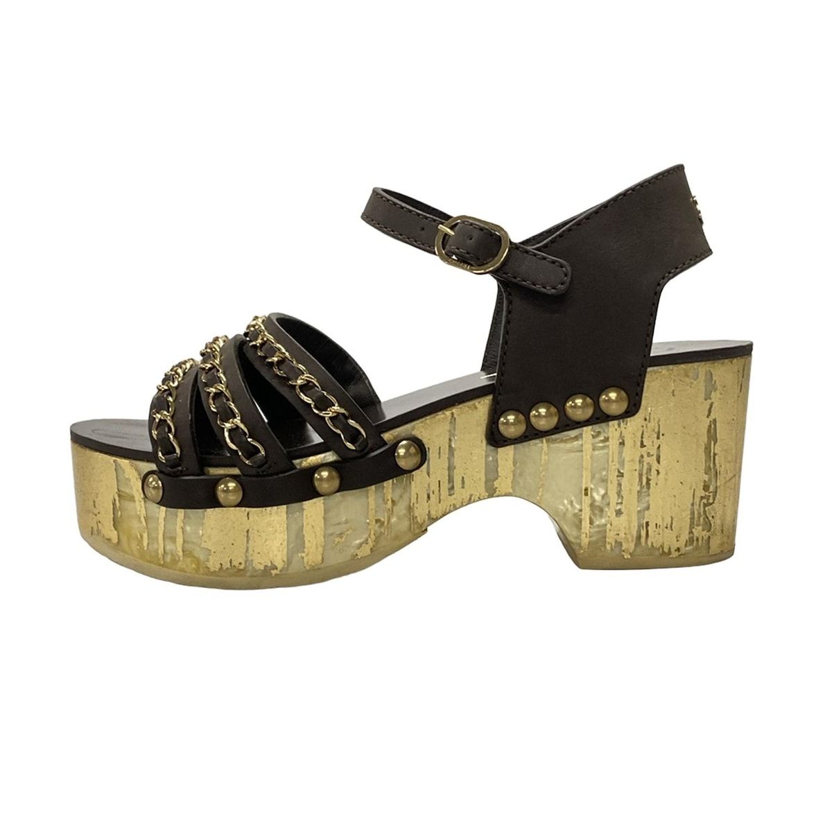 Chanel Sandals Gold Dark Brown Wedge Sole Leather 35.5