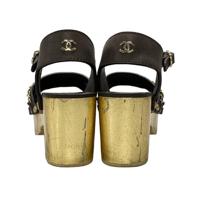 Chanel Sandals Gold Dark Brown Wedge Sole Leather 35.5 — view 3