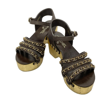 Chanel Sandals Gold Dark Brown Wedge Sole Leather 35.5 — view 2