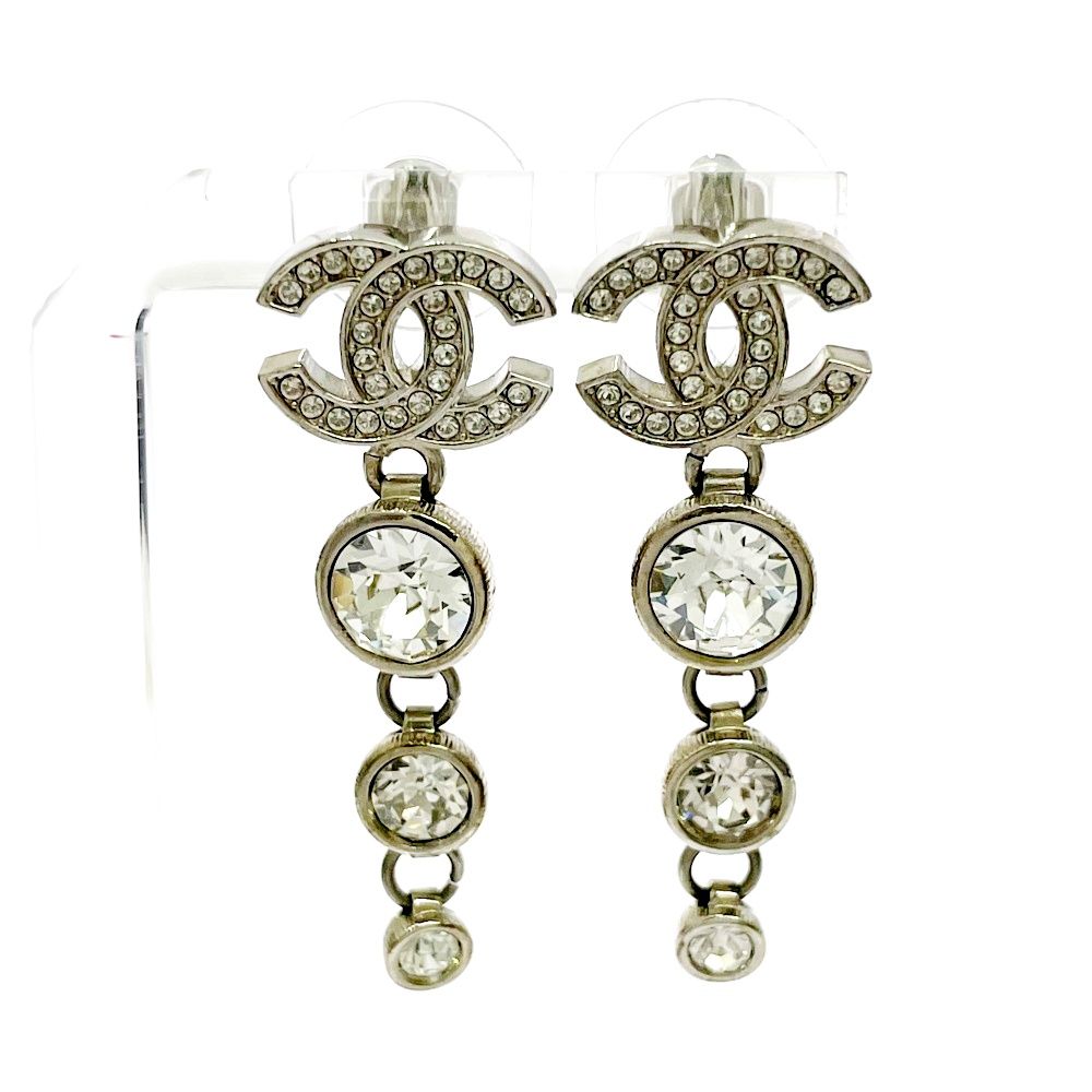 Chanel Rhinestone CC Logo Swing Earrings Silver — view 2