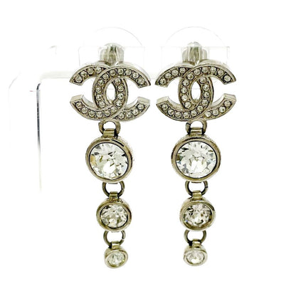 Chanel Rhinestone CC Logo Swing Earrings Silver — view 2