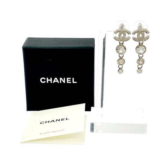 Chanel Rhinestone CC Logo Swing Earrings Silver
