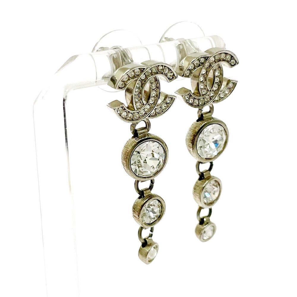 Chanel Rhinestone CC Logo Swing Earrings Silver — view 3
