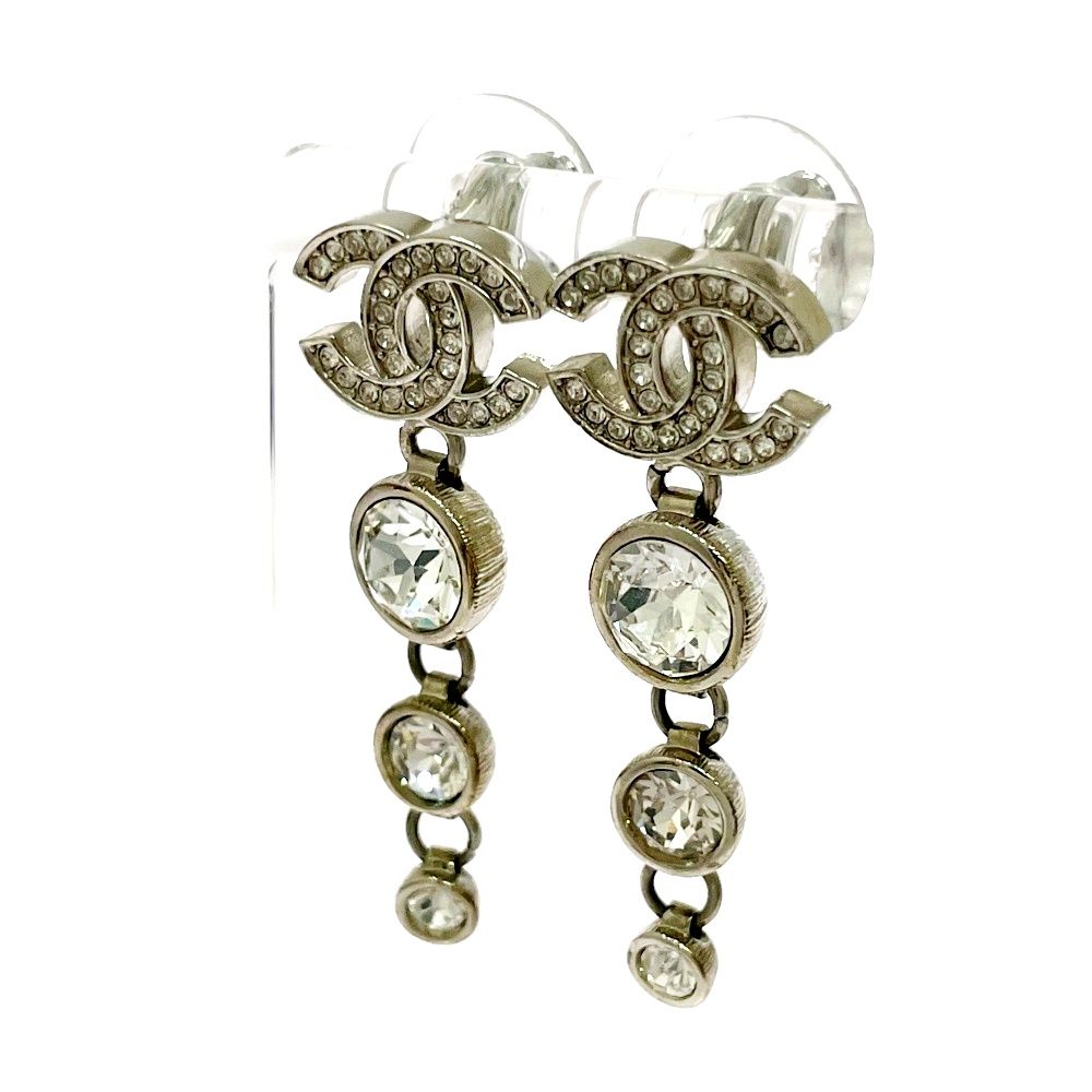 Chanel Rhinestone CC Logo Swing Earrings Silver — view 4