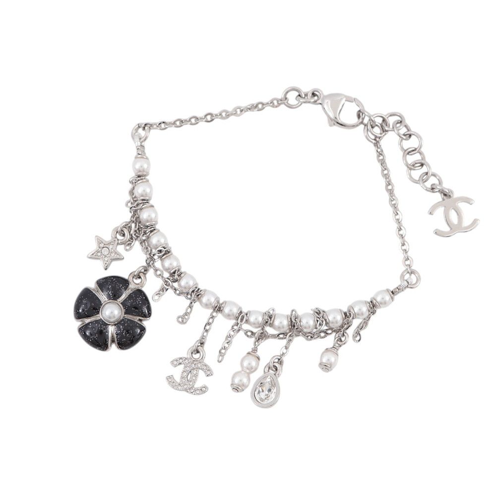 Chanel Bracelet CC Logo Charm Rhinestone Faux Pearl