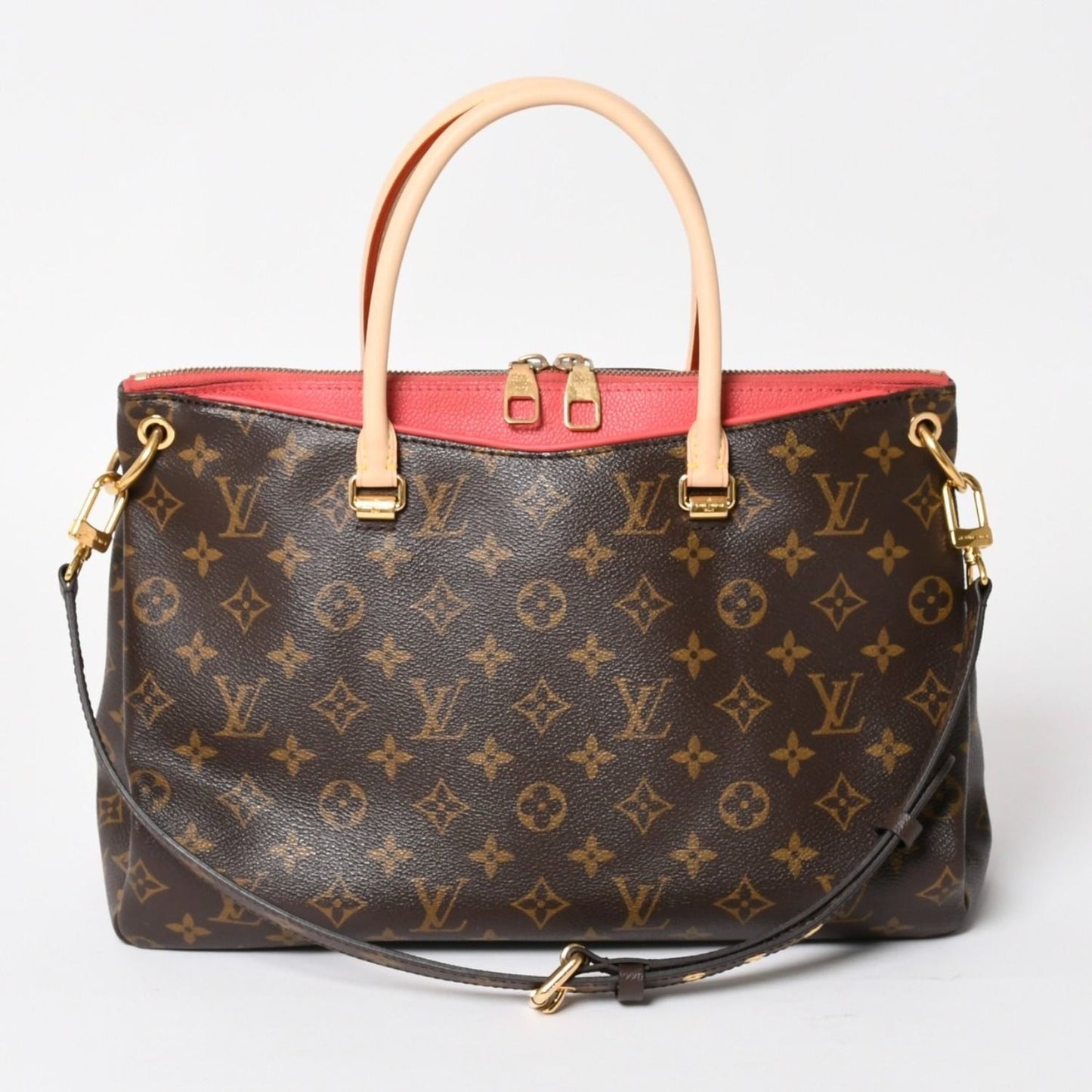 Louis Vuitton Pallas Monogram Canvas Vachetta Leather Shoulder Bag Brown Pink
