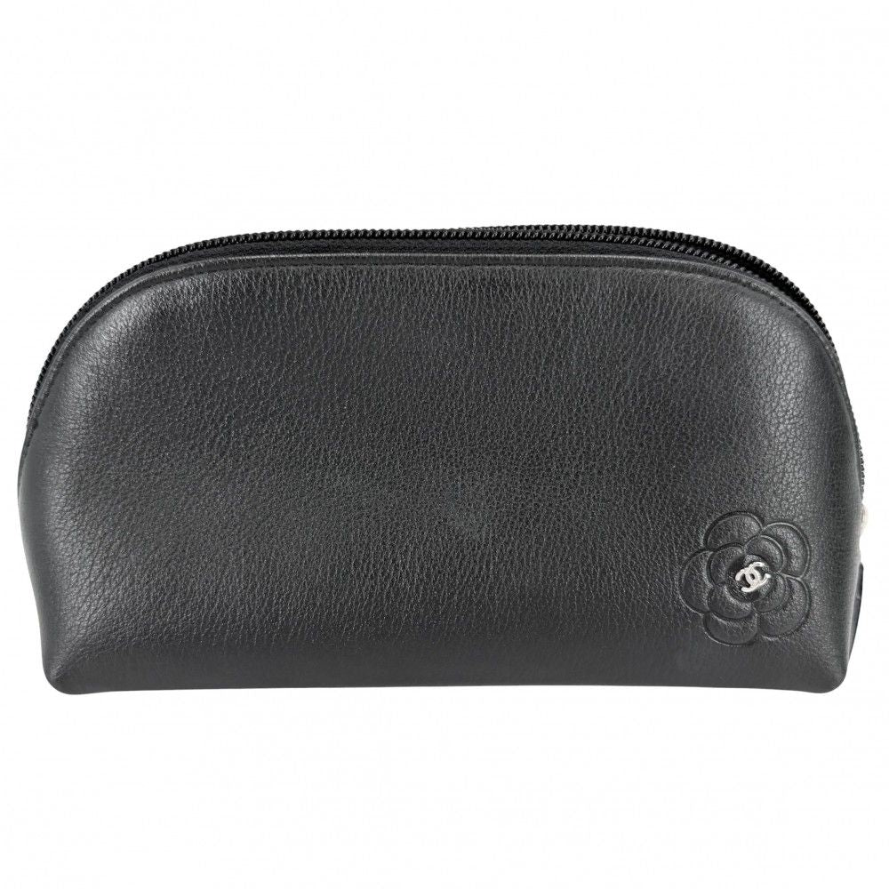 Chanel Pouch Camellia CC Logo Case Leather Black Silver