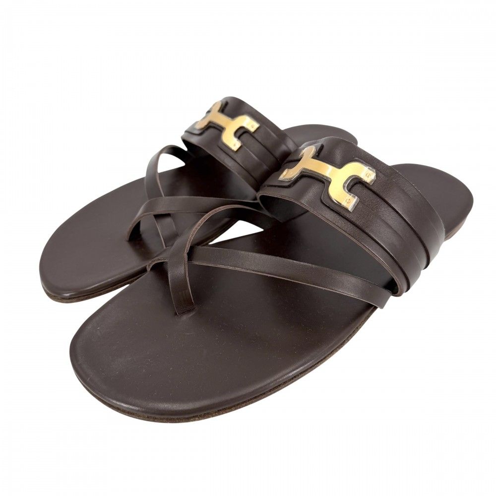 Hermes Sandals Flat Shoes Leather Brown Gold Spring Summer 41.5