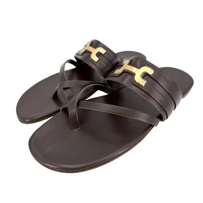 Hermes Sandals Flat Shoes Leather Brown Gold Spring Summer 41.5
